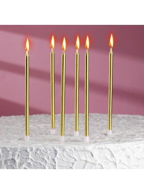 Свечи для торта "Радость", 6 шт, 13 см, золотой металлик