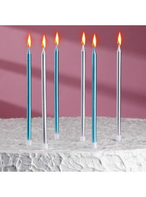 Свечи для торта "Ройс", 6 шт, 13 см, серебряные и голубые