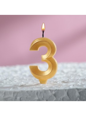 Свеча для торта цифра "3", «Грань», 7,8 см, золотой металлик