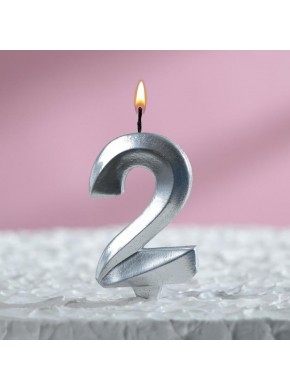Свеча для торта цифра "2", «Грань», 7,8 см, серебряный металлик