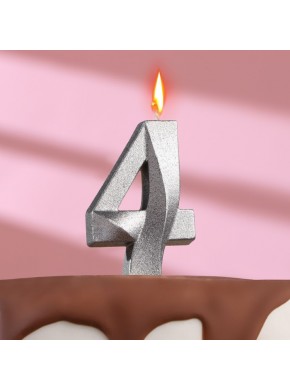 Свеча для торта цифра "4", «Грань», 7,8 см, серебряный металлик