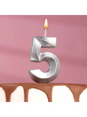 Свеча для торта цифра "5", «Грань», 7,8 см, серебряный металлик