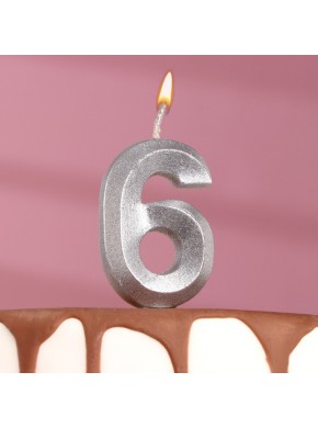 Свеча для торта цифра "6", «Грань», 7,8 см, серебряный металлик