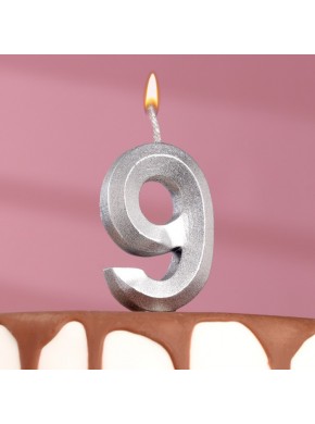 Свеча для торта цифра "9", «Грань», 7,8 см, серебряный металлик