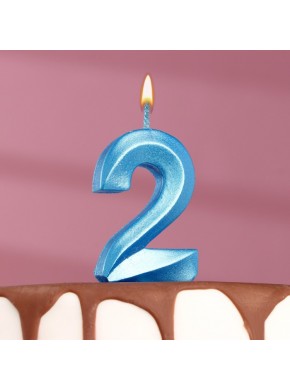 Свеча для торта цифра "2", «Грань», 7,8 см, голубой металлик