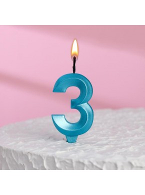Свеча для торта цифра "3", «Грань», 7,8 см, голубой металлик