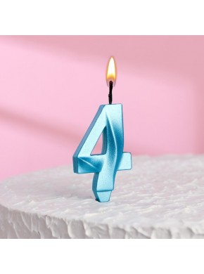 Свеча для торта цифра "4", «Грань», 7,8 см, голубой металлик