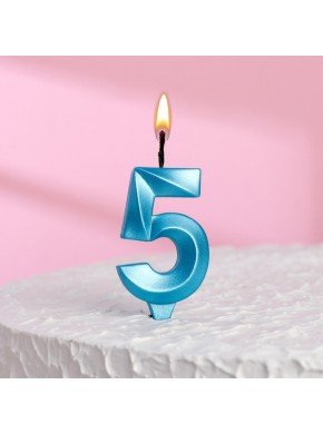 Свеча для торта цифра "5", «Грань», 7,8 см, голубой металлик