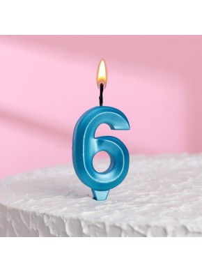 Свеча для торта цифра "6", «Грань», 7,8 см, голубой металлик