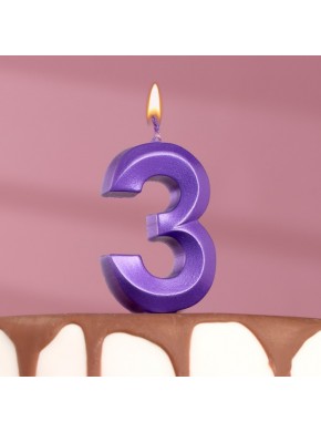 Свеча для торта цифра "3", «Грань», 7,8 см, фиолетовый металлик
