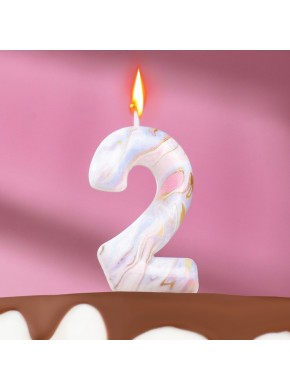 Свеча для торта цифра "2", "Белый мрамор", 8 см