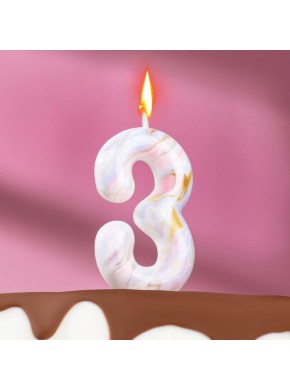 Свеча для торта цифра "3", "Белый мрамор", 8 см