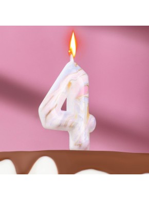 Свеча для торта цифра "4", "Белый мрамор", 8 см