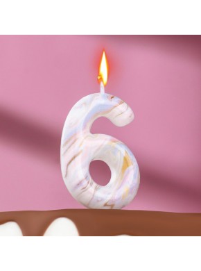 Свеча для торта цифра "6", "Белый мрамор", 8 см