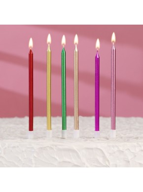 Свечи для торта "С днем рождения", 6 шт, 13,5 см, разноцветный металлик 