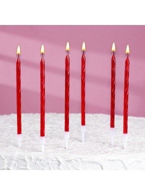 Свечи для торта, витые с подставкой, 6 шт, 14 см, рубиновые