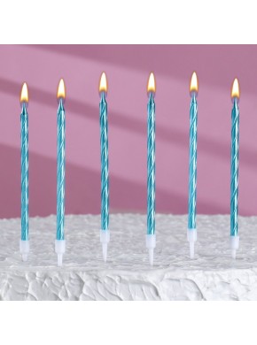 Свечи для торта, витые с подставкой, 6 шт, 14 см, небесно-голубой 
