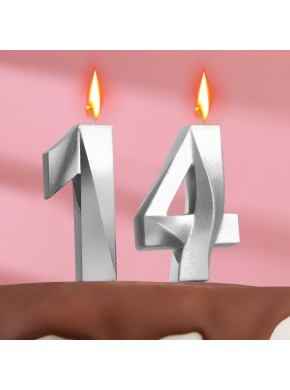 Свечи для торта цифра "14", «Грань», (набор цифр 1 и 4), 7,8 см, серебряный металлик