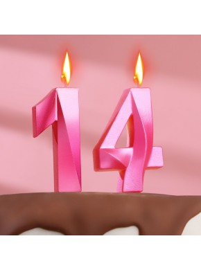 Свечи для торта цифра "14", «Грань», (набор цифр 1 и 4), 7,8 см, розовый металлик