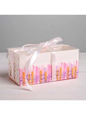 Коробка на 2 капкейка "Flower Patterns", 16 х 8 х 7,5 см, с прозрачной крышкой