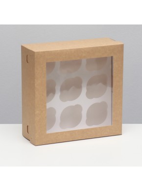 Упаковка под 9 капкейков, с окном (квадрат), отдельная крышка, 25 x 25 x 10 см, (белый/крафт), 1 шт.
