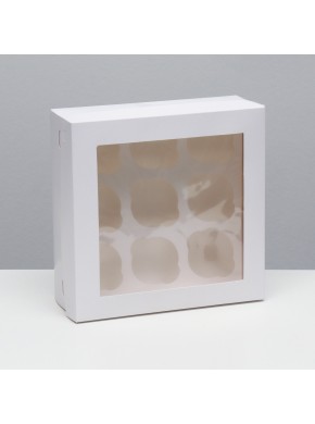 Упаковка под 9 капкейков, с окном (квадрат), отдельная крышка, 25 x 25 x 10 см, (белый), 1 шт.