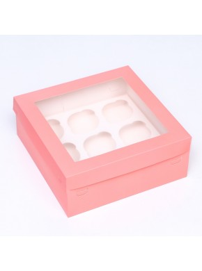 Коробка на 9 капкейков, с окном, розовая, 25 х 25 х 10 см