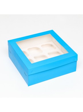 Коробка на 9 капкейков, с окном, голубая, 25 х 25 х 10 см