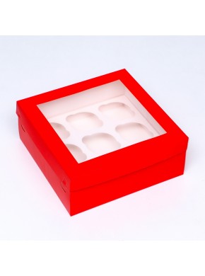 Коробка на 9 капкейков, с окном, красная, 25 х 25 х 10 см