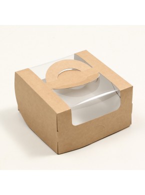 Коробка для бенто-торта, с окном, крафт, 14 х 14 х 8 см